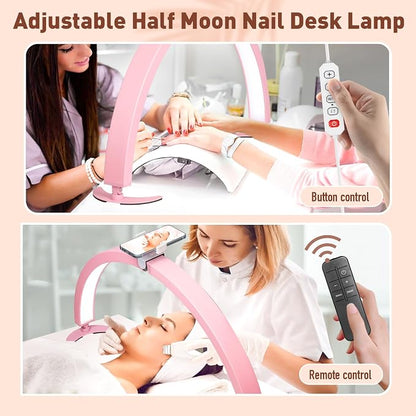 HITTI Super Large 31in Half Moon Light for Nail Desk, Foldable Arch Light for Nail Tech Lamp with Phone Stand, LED Table Lamp for Manicure, Handicraft, Art, Eyelash Extension, Painting- Gold