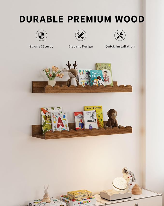 Shario Nursery Book Shelves, 4-Pack Walnut Brown,Floating Shelves for Wall Kids, Scalloped Shelves, Wall Book Shelves for Bedroom Kids, Toddler Room, Baby Room, Nursery Decor