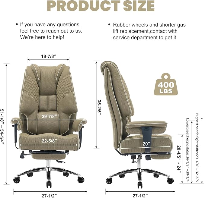 EXCEBET Big and Tall Office Chair 400lbs Wide Seat, Leather High Back Executive Office Chair with Lumbar Support, Ergonomic Chairs Padded Armrests & Thick Cushion (Mesh Green)