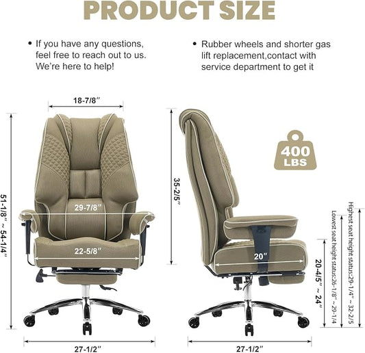 EXCEBET Big and Tall Office Chair 400lbs Wide Seat, Leather High Back Executive Office Chair with Lumbar Support, Ergonomic Chairs Padded Armrests & Thick Cushion (Mesh Green)