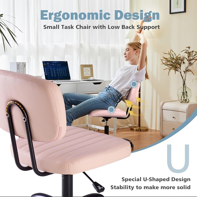 DUMOS Armless Home Office Chair: Small Desk Chair with Low Back Lumbar Support, Height Adjustable PU Leather Computer Task with 360° Swivel Wheels, for Adults, Pink