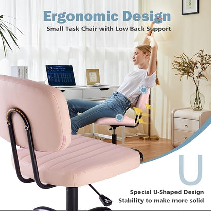 DUMOS Armless Home Office Chair: Small Desk Chair with Low Back Lumbar Support, Height Adjustable PU Leather Computer Task with 360° Swivel Wheels, for Adults, Pink