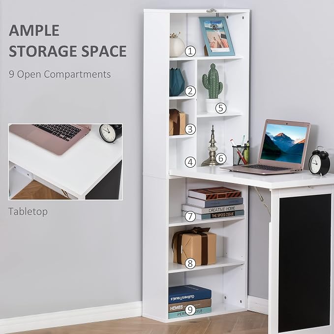 Folding Wall Mounted Desk with Storage, Expandable Hidden Computer Desk, Foldable Space-Saving Pull Out Murphy Table, Writing Table with Blackboard for Home Office Bedroom Small Spaces (White.)