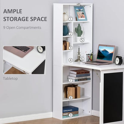 Folding Wall Mounted Desk with Storage, Expandable Hidden Computer Desk, Foldable Space-Saving Pull Out Murphy Table, Writing Table with Blackboard for Home Office Bedroom Small Spaces (White.)