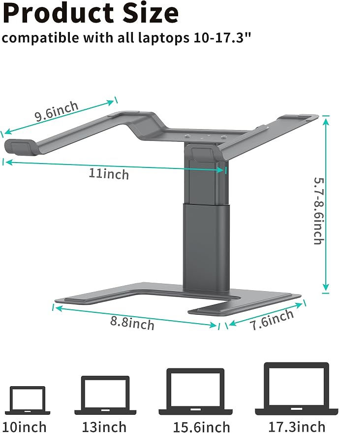 ALASHI Laptop Stand for Desk, Computer Stand Adjustable Height, Ergonomic Notebook Laptop Riser, Aluminum Metal Holder Compatible with 10 to 17.3 Inches Notebook PC Computer, Grey