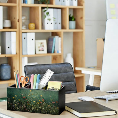 Moody Floral Pen Pencil Holder for Desk, Desk Pen Organizer Dark Green Wildflower Botanical Green Wooden Office Pencil Cup for Home Room Office Bedroom Desk Accessories Tabletop Decorations