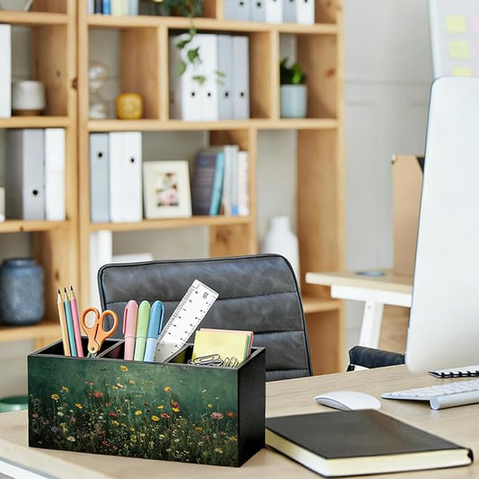 Moody Floral Pen Pencil Holder for Desk, Desk Pen Organizer Dark Green Wildflower Botanical Green Wooden Office Pencil Cup for Home Room Office Bedroom Desk Accessories Tabletop Decorations