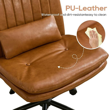 IPKIG Criss Cross Chair, Small Armless Desk Office Computer Chair with Wheels and Lumbar Pillow, Comfy Adjustable Swivel Task Vanity Chair Faux Leather, Brown