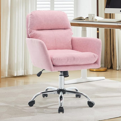 YITAI Adjustable Home Office Desk Chair with Comfy Square Mid-Back, Faux Leather 360 Swivel Upholstered Task Armchair with Wheels for Vanity Bedroom/Living Room,Pink