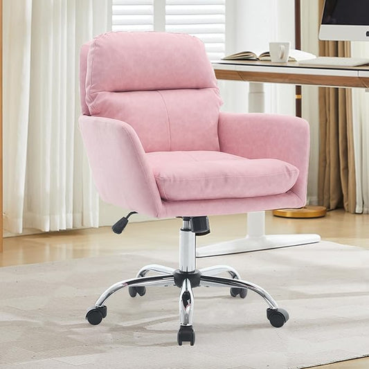 YITAI Adjustable Home Office Desk Chair with Comfy Square Mid-Back, Faux Leather 360 Swivel Upholstered Task Armchair with Wheels for Vanity Bedroom/Living Room,Pink