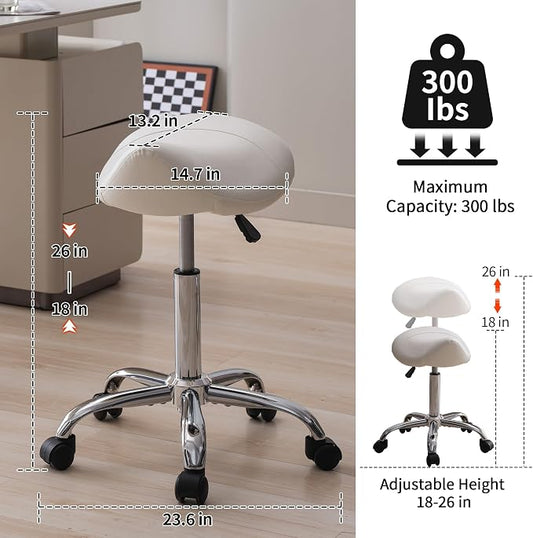 FIRAVOE Saddle Stool, Swivel Saddle Stool with Wheels, Adjustable Rolling Stool 18"-26", Faux Leather Rolling Stool for Salon, Massage, Clinic, Lab, Office, White, 1PCS