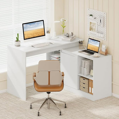 Tangkula Reversible L-Shaped Desk w/Storage Cabinet & 4 Shelves, White Corner Desk for Writing Study, Modern Computer Desk for Small Spaces, Executive Laptop Workstation for Home Office