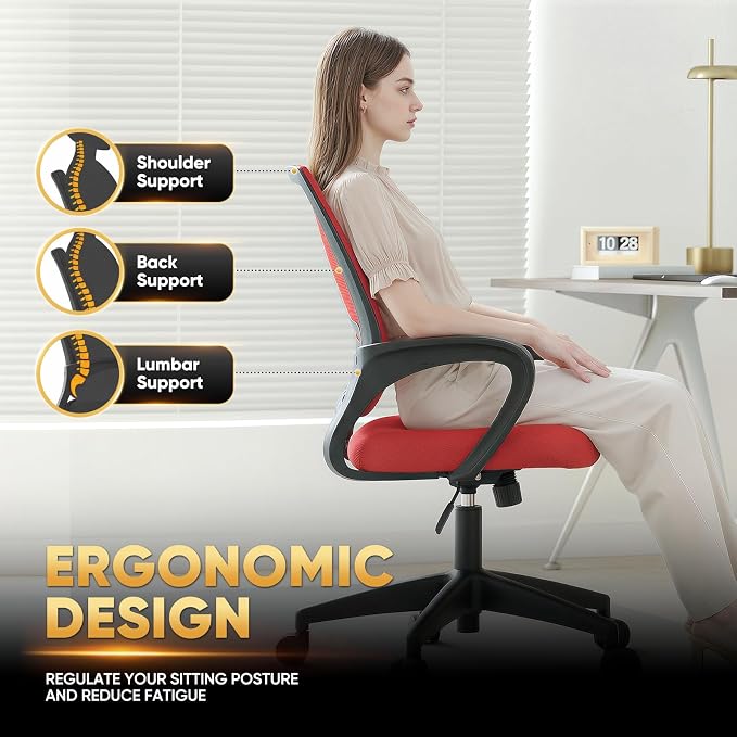 Magshion Ergonomic Office Chair Pack of 2, Mid-Back Mesh Desk Chair, Adjustable Swivel Computer Chair with Lumbar Support & Breathable Backrest for Gaming, Work, Study, 300 Lbs Capacity, Red