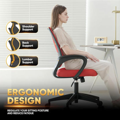 Magshion Ergonomic Office Chair 20 Pack, Mid-Back Mesh Desk Chair, Adjustable Swivel Computer Chair with Lumbar Support & Breathable Backrest for Gaming, Work, Study, 300 Lbs Capacity, Red