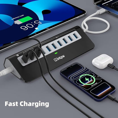 Powered USB Hub 10Gbps, 10 Port USB 3.2 Gen 2 Hub with 7 USB 3.2 Data Ports, 3 Fast Charging Ports, 36W Power Adapter, Type A and Type C Cable, Aluminum USB Hub for Laptop, Mac, PC