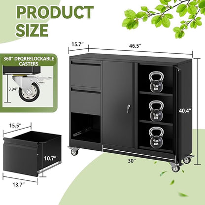 Mobile Large Lateral File Cabinet 3-Drawer,Home Office Rolling Filing Storage Cabinets with Lock & Wheels,Metal Printer Stand Office Storage A4,Letter Legal File Folders,Black