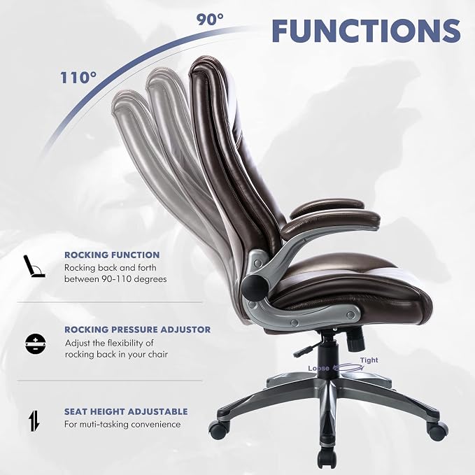 COLAMY Leather Executive Office Chair Set of 2 - High Back Ergonomic Home Computer Desk Chair with Padded Flip-up Arms, Adjustable Tilt Lock, Swivel Rolling Chair for Adult Working Study, Brown