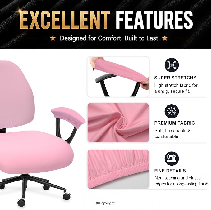 Stretchable Separate Office Chair Seat Covers - Universal Stretch Computer Chair Slipcover Rotating Backrest Coverings & Cushion Protectors & Armrest Covers for Dogs, Cats, Pets, Pink