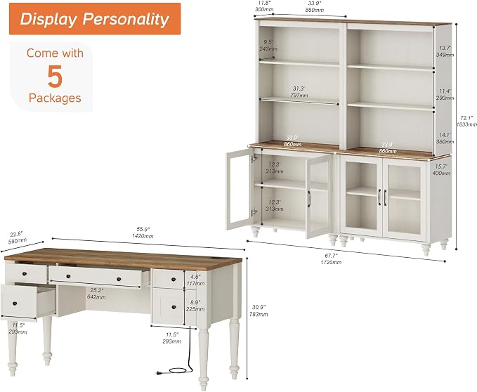 WAMPAT Home Office Furniture Set, 56" Executive Desk with Charging Station, 72" Tall Bookcase with 4 Glass Doors, Wood Computer Desk with File Cabinet Storage, Open Shelf, White