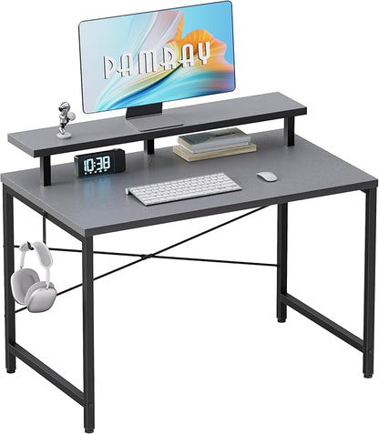 Pamray 32 Inch Small Computer Desk with Monitor Stand, Simple Office Desk with Headphone Hook for Small Spaces, Kids Study Writing Table for Bedroom, Grey