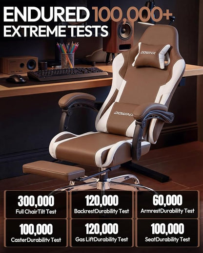 Dowinx Ergonomic Gaming Chair with Footrest & Massage Lumbar, 2D-Linkage Armrests for Computer Chair 330lbs with Headrest Pillow for Office, Home, Streaming and Long Gaming Sessions, Fabric Brown