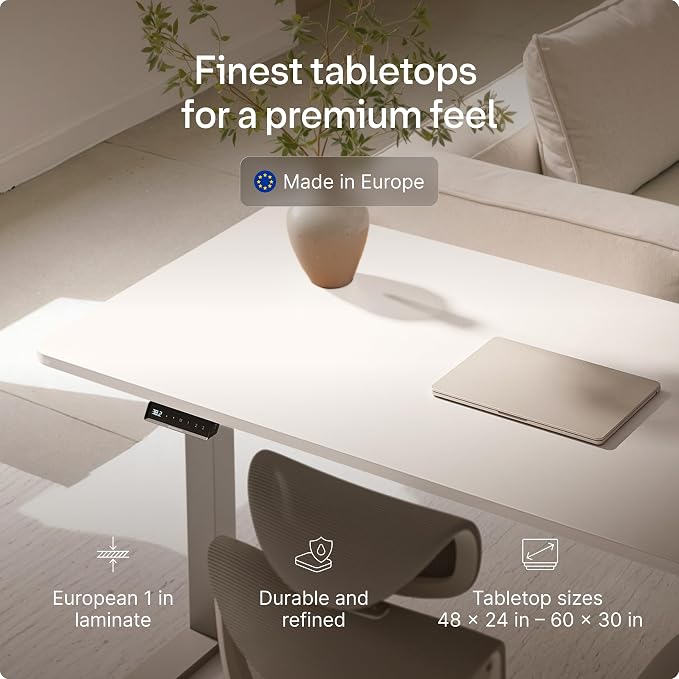 Desktronic HomeOne Standing Desk 54x28 — Ergonomic Sit Stand Home Office Desk, Made in Europe, Electric Dual Motor Height Adjustable, USB & USB-C Charging, Wobble-Free, Touchscreen, 3 Memory Presets