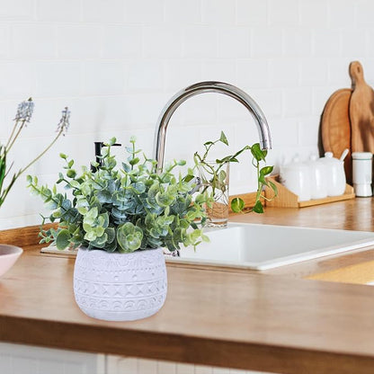 Winlyn Set of 2 Small Artificial Potted Plants Faux Eucalyptus Plant in White Geometric Ceramic Pots Small Desk Potted Plants 7.1" Tall for Home Office Room Decorations Wedding Greenery Centerpiece