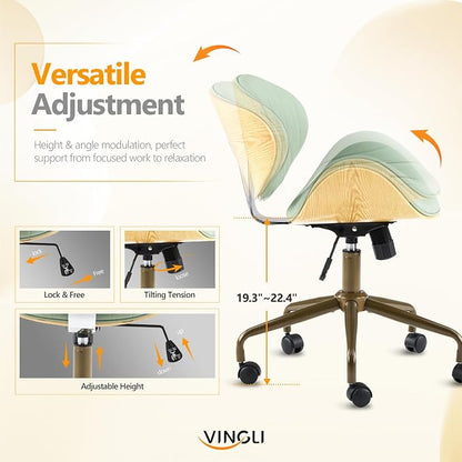 VINGLI Wide Comfotable Swivel Home Office Chair with Wood-Grain Curved Shell,Ergomomic Mid-Back Padded Armless Rolling Desk Chair with Wheels,Height Adjustable for Computer,Task,Work,PU Leather,Green