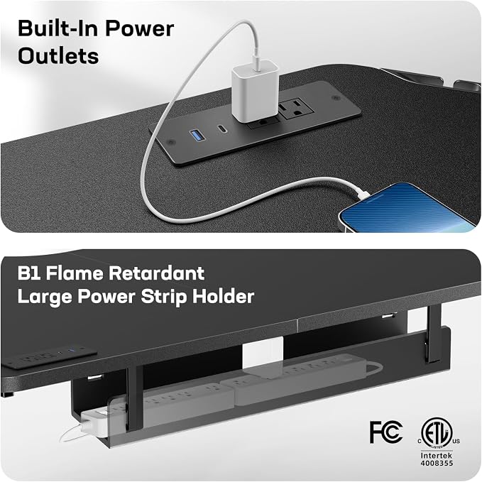 HUANUO Electric L Shaped Standing Desk, 63" x 63" Height Adjustable Corner Standing Desk with Built-in Power Outlets & Power Strip Holder, Sit Stand Up Table with 4 Preset Heights, Black
