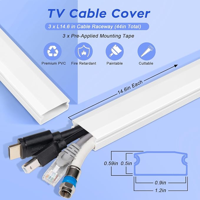 TV Cord Hider, 44in Cable Raceway Kit, Self Adhesive Wire Covers for Cords on Wall, Large Cord Cover for Wall Mounted TV, Holds Up to 4 Cables, Paintable Cable Management System, W1.2in H0.6in