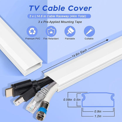 TV Cord Hider, 44in Cable Raceway Kit, Self Adhesive Wire Covers for Cords on Wall, Large Cord Cover for Wall Mounted TV, Holds Up to 4 Cables, Paintable Cable Management System, W1.2in H0.6in