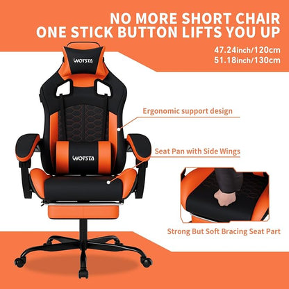 Gaming Chair with Massage,Ergonomic PC Gaming Chair with Footrest Comfortable Headrest and Lumbar Support,High Back Game Chair PVC Leather,300LBS (Black&Orange)
