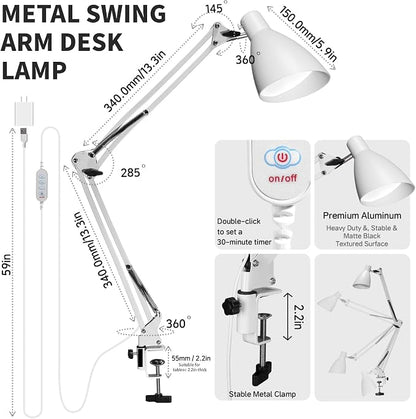 Swing Arm Desk Lamp with Clamp, Adjustable Arm LED Clamp on Desk Lamps with 5 Color Modes and 10 Brightness for Home Office Reading Drafting Study (White)
