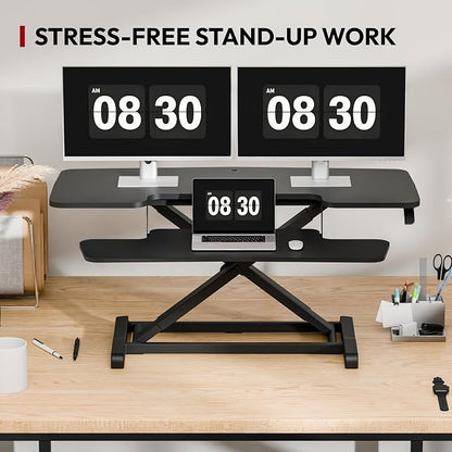 SANODESK 42" Extra Large Standing Desk Converter, Height Adjustable Sit Stand Riser with Wide Keyboard Tray, Dual Monitor Workstation for Home Office, Ergonomic Desktop Riser, Black