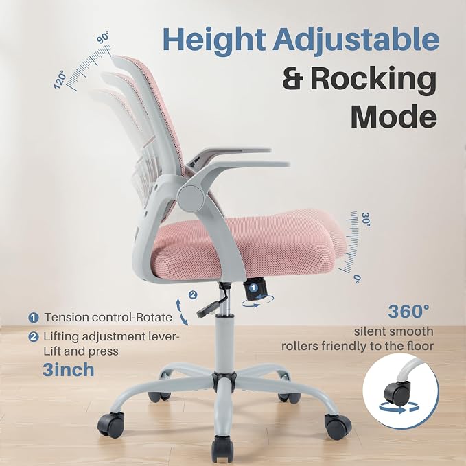 DUMOS Home Office Computer Chair - Ergonomic Mid Back Desk with Lumbar Support and Rocking Mode, Height Adjustable with Flip-up Armrest, for Conference Meeting Room, 360° Swivel, Adults, Pink