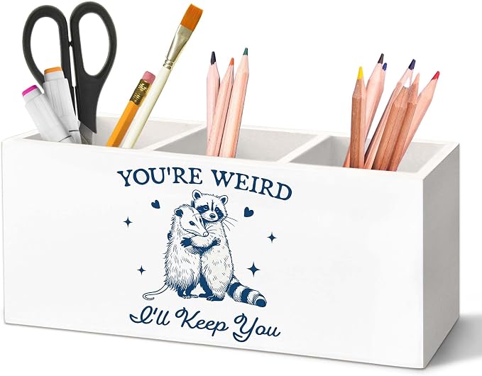 Funny Raccoon Opossum Pen Holder for Desk, Raccoon Opossum Gifts Pencil Organizer, You're Weird I'll Keep You Wild Animals Wooden Pen Holder Desk Accessories Decor for Home Office
