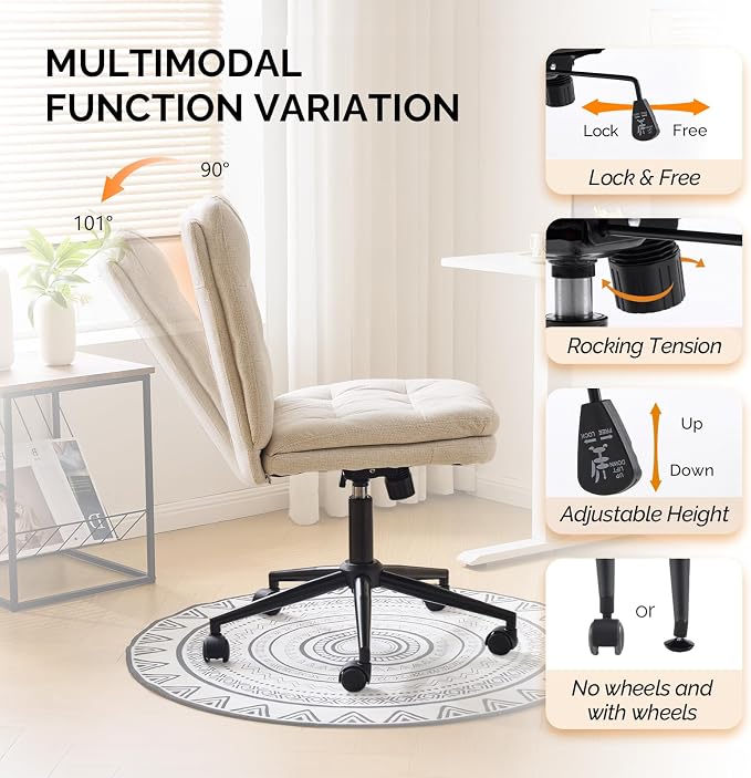 VINGLI Mid Back Armless Office Desk Chair with Wheels/no Wheels,360°Rocking Swivel Vanity Chair with Thickened Cushion,Adjustable Height Rolling for Reading Room, Make up,Linen Beige