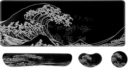 Desk Pad and Keyboard Wrist Rest, Large Mouse Pad + Keyboard Pad+Mouse Wrist Support, Non-Slip Desk Mat Protector for Office, Home 31.5×11.8 Inches Wave