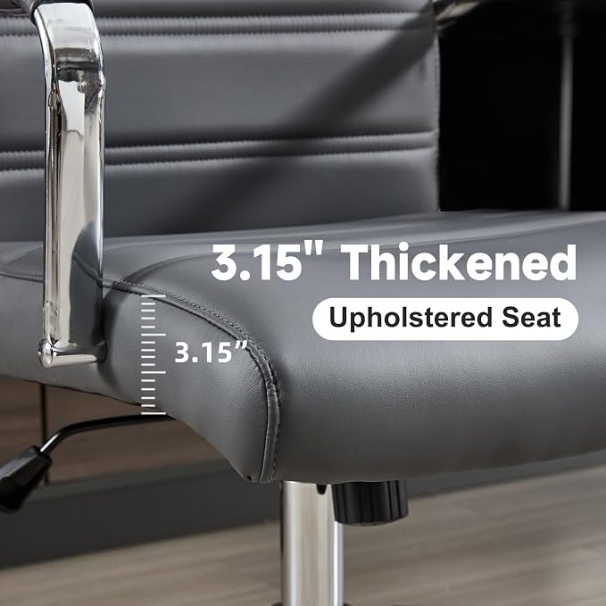 Office Desk Chair Leather, Conference Room Chairs with Wheels, Modern Executive Office Chairs Adjustable Height, Ergonomic Swivel Rolling Ribbed Computer Chair(Grey)