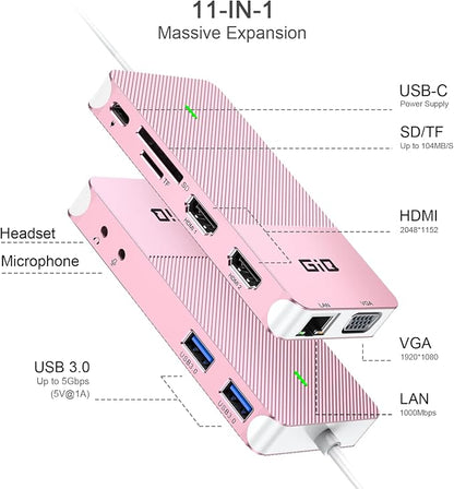 USB Docking Station GIQ USB C HUB USB 3.0 to Dual HDMI VGA Adapter Triple Display USB C Laptop Docking Station Dual Monitor HDMI Splitter Extender Compatible with MacBook M1 M2 M3 M4 M5 USB Dock