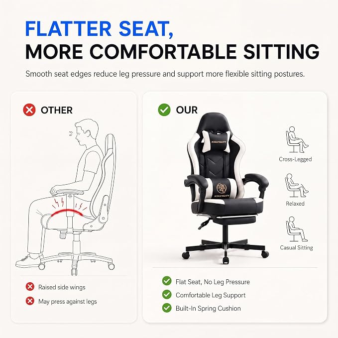 Desk Computer Gaming Chair - High Back Ergonomic Office Chair with Footrest and Lumbar Support, Swivel Comfy Home Gamer Video Game Chairs with Pocket Spring Cushion for Adults (White Leather)