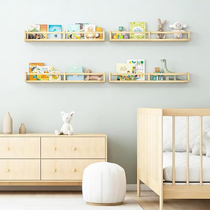 Fixwal Nursery Book Shelves, 32 Inch Floating Bookshelves for Wall Set of 4, Baby Nursery & Playroom Decor, Solid Wood Wall Mounted Shelves for Books and Toys Storage (Natural Wood)