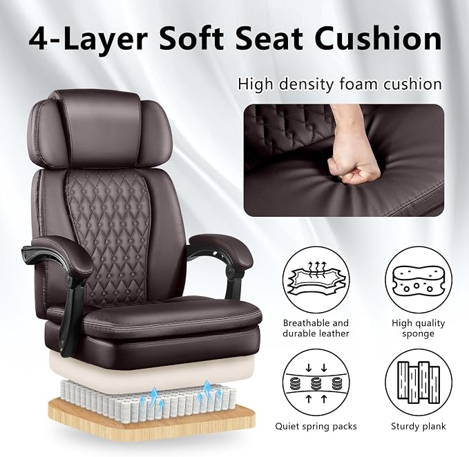 Office Desk Chair with Foot-Rest 400lbs, Heavy Duty Executive Office Chair, Comfy High Back Ergonomic PU Leather Reclining Desk Chair with Lumbar Support, Brown