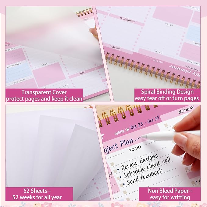 Weekly To Do List Notepad, 8.5''x11'' Weekly Desk Planners with 52 Tear Off Sheets Undated Planner Habit Tracker & Productivity Organizer for Home and Work, Pink