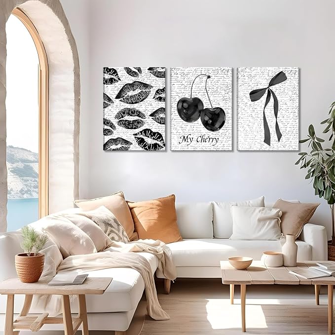Black And White Canvas Wall Art Set of 3, Fashion Black White Lips And Cherry Posters Wall Decor, Trendy Aesthetic Bow Pictures Prints Paintings for Girls Bedroom Dorm Bathroom12x16in Framed