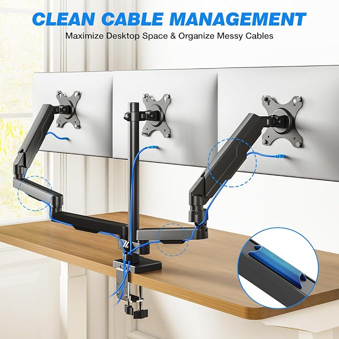 Triple Monitor Desk Mount Stand for 17"-32" Screens, Extra Tall & Long Desk Mount Hold up to 19.8lbs Each, Three Display Arm for Working Gaming with Tilt Swivel Rotation, VESA 75/100mm