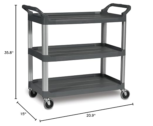 Rubbermaid Commercial Products Heavy Duty 3-Shelf Rolling Service/Utility/Push Cart, 300 lbs. Capacity, Gray, for Foodservice/Restaurant/Cleaning (FG409100GRAY)