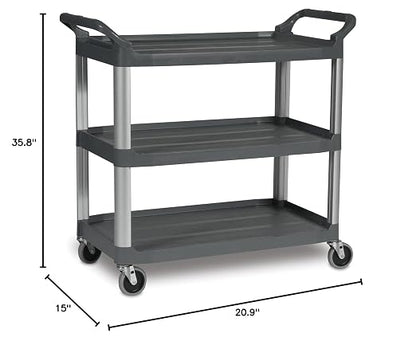 Rubbermaid Commercial Products Heavy Duty 3-Shelf Rolling Service/Utility/Push Cart, 300 lbs. Capacity, Gray, for Foodservice/Restaurant/Cleaning (FG409100GRAY)