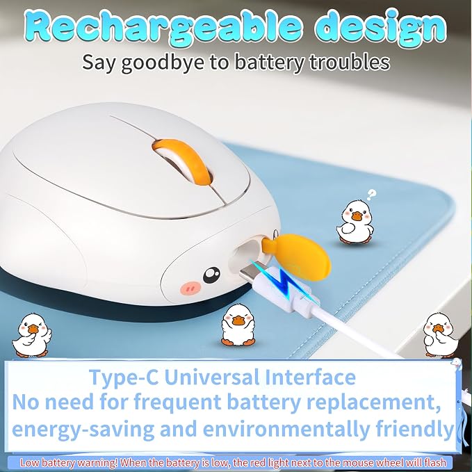 Cute Duck Bluetooth Wireless Mouse -Rechargeable,Dual Mode Connection, Silent Scroll Wheel, 1600 DPI - Perfect for Laptops, PCs, and Tablets (White)