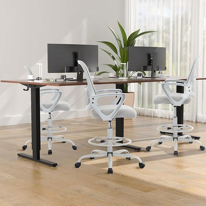 DUMOS Ergonomic Drafting Chair, Tall Office for Standing Desk, Counter with Height Adjustable and Comfortable Lumbar Support, Fixed Armrests, for Bedroom Livingroom, Dove Gray
